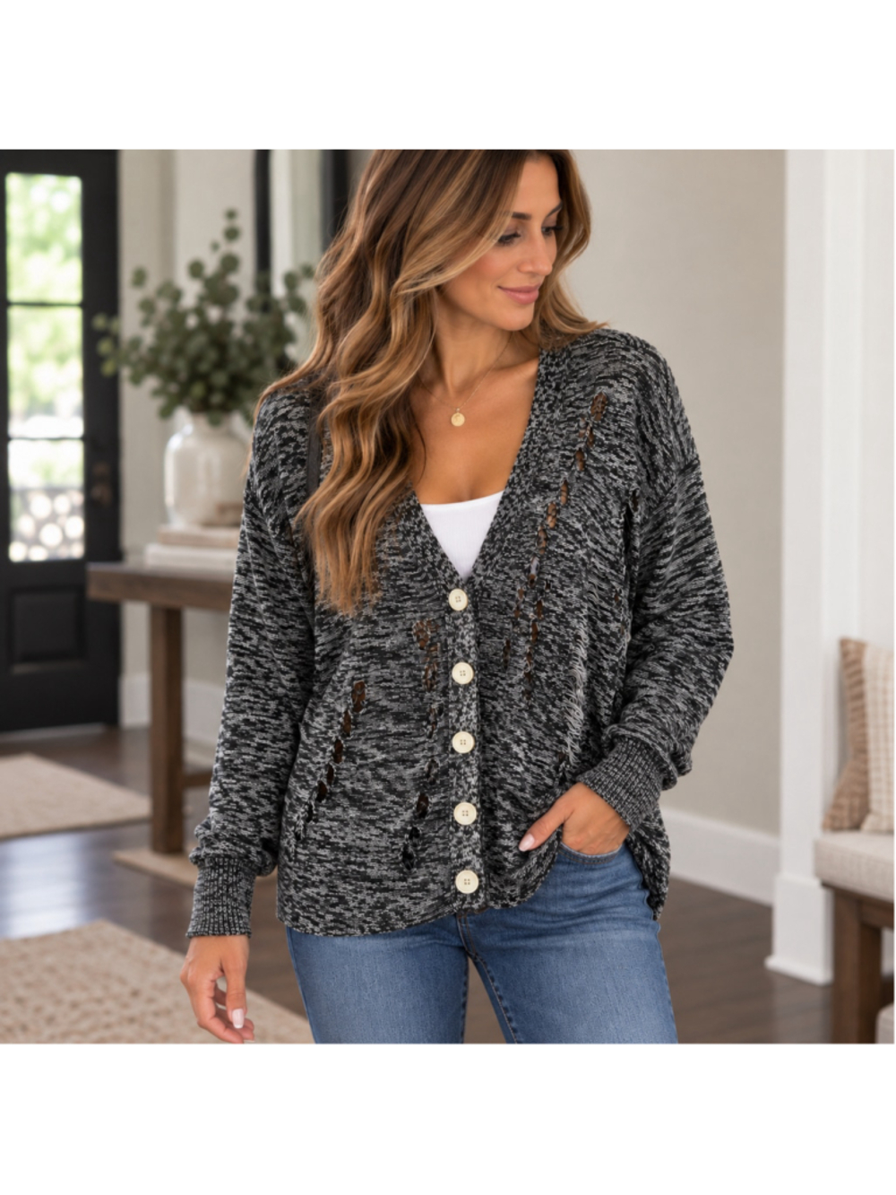BCBGeneration Distressed Marled Knit Cardigan Sweater Black White Size M
